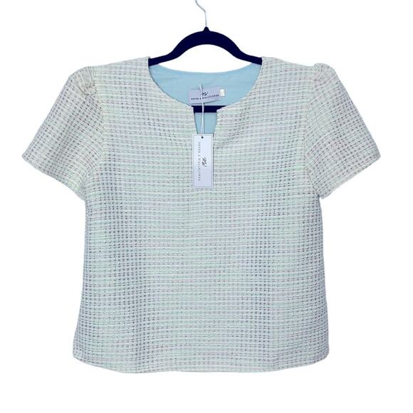 Never A Wallflower Mint Tweed V Neck Short Sleeve top NWT size XS - Picture 2 of 6